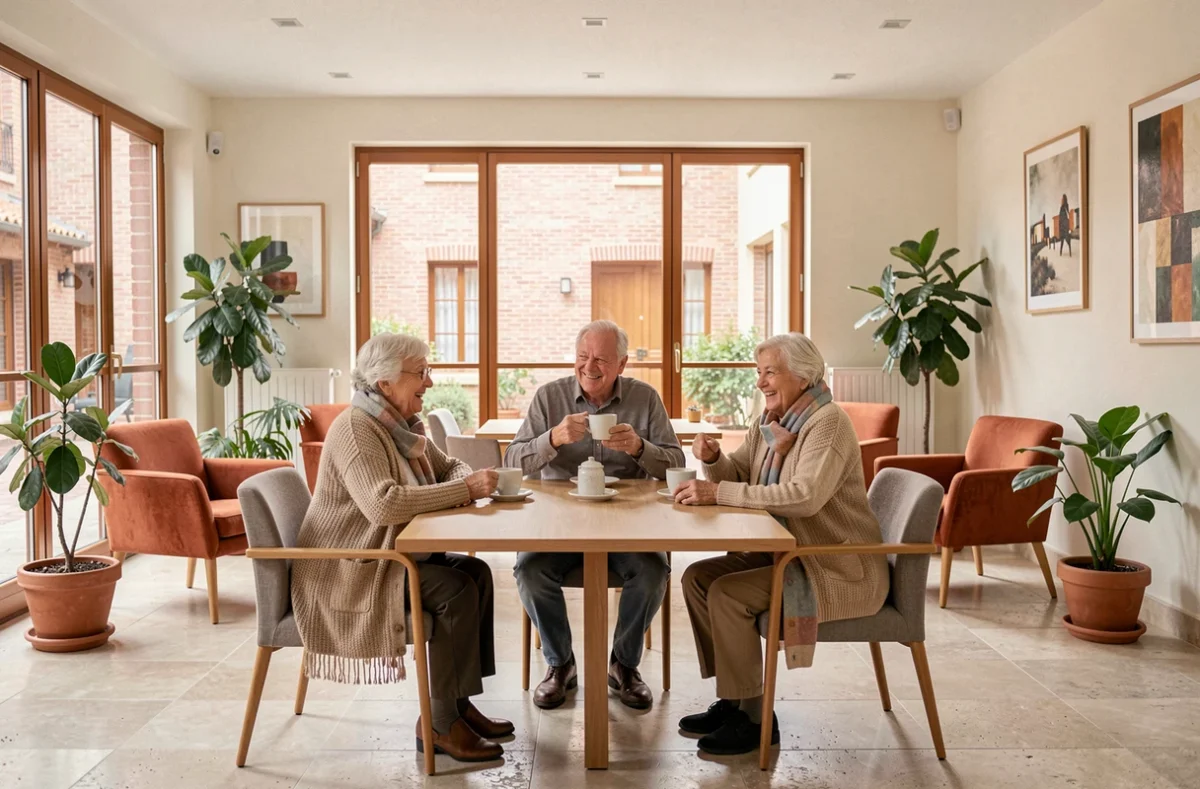 Groupe de seniors heureux partageant un café dans le salon commun d'une résidence senior moderne à Toulouse