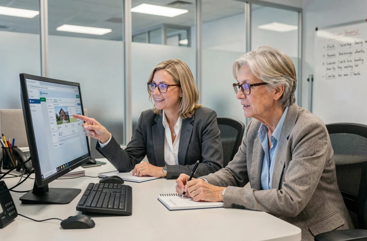 Deux responsables de secteur ADMR collaborant devant un logiciel de gestion des interventions à domicile