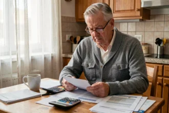 Retraité consultant ses documents fiscaux et relevés de pension à la table de cuisine, illustrant la question de l'abattement fiscal de 10% sur les retraites