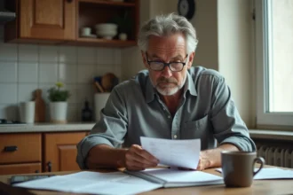 Homme de 55 ans consultant ses documents de retraite anticipée à la table de sa cuisine, combinant dossiers chômage et carrière longue