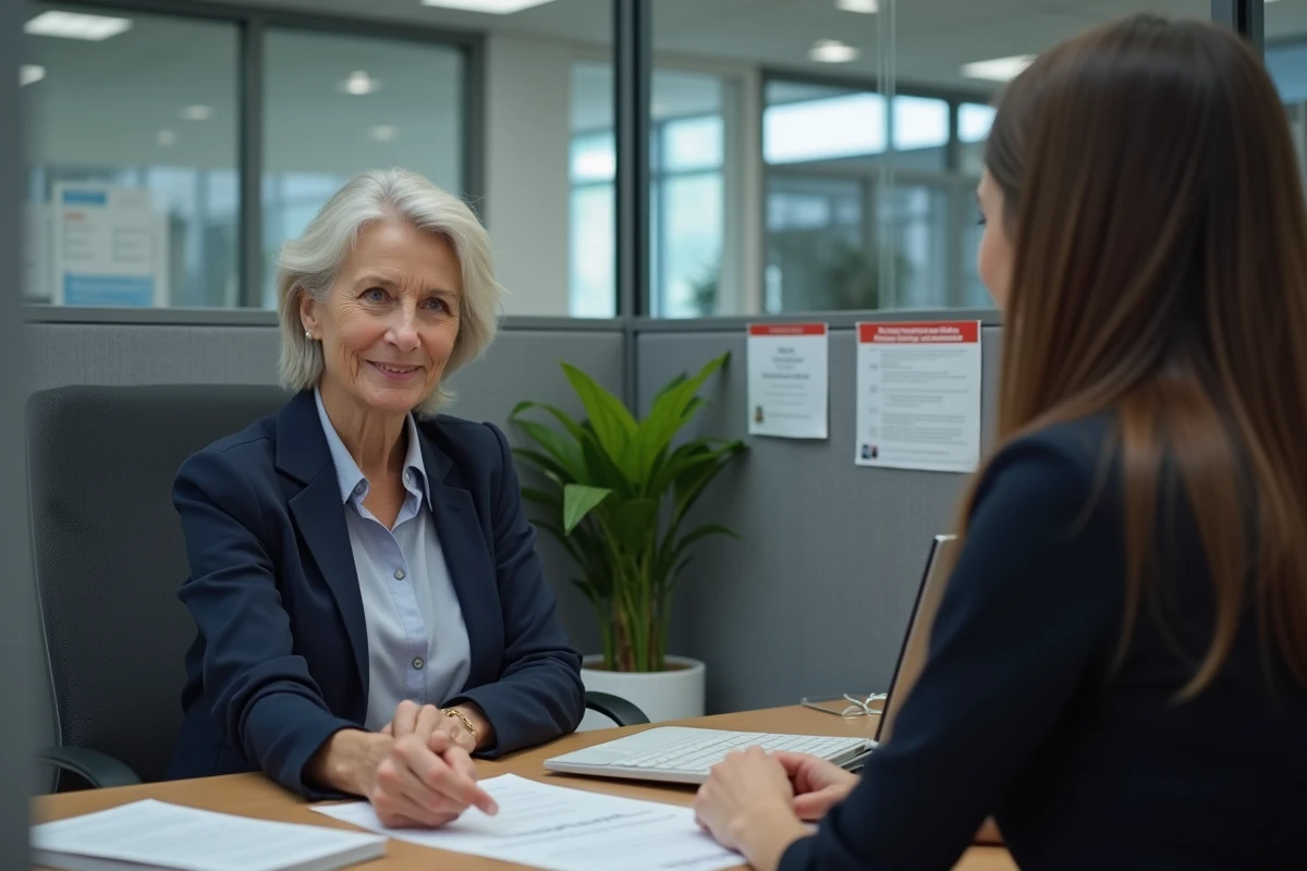 Femme senior en entretien avec un conseiller Pôle Emploi pour planifier une retraite anticipée grâce à la carrière longue et au chômage