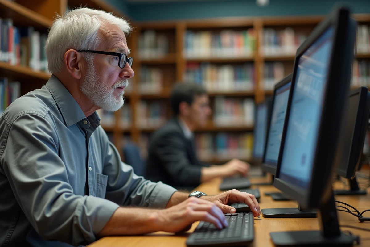 Retraité consultant son espace Carsat Normandie sur un ordinateur public en bibliothèque face à un message d'erreur de connexion