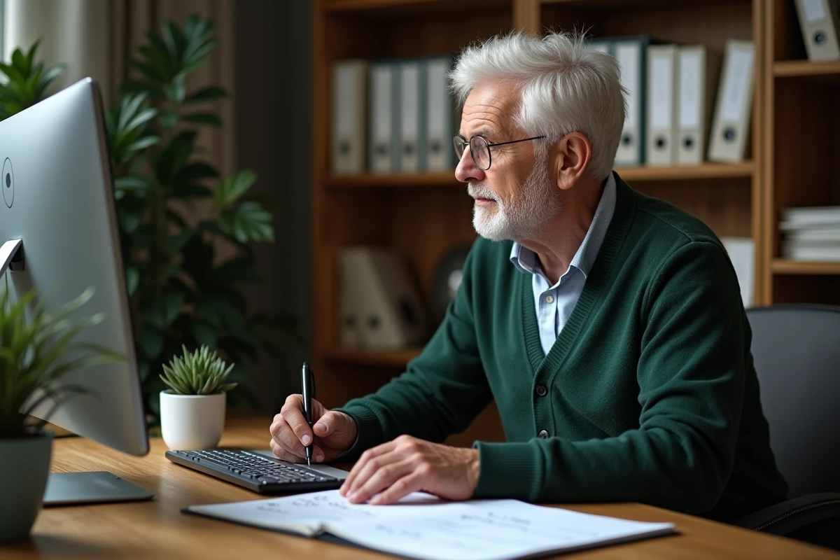Homme retraité calculant seul l'impact de la revalorisation des retraites Agirc-Arrco 2026 sur son ordinateur avec des notes manuscrites
