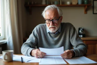 Retraité qui examine ses documents de pension à la maison avec une expression préoccupée