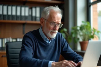 Retraité travaillant à domicile trois jours par semaine sur son ordinateur portable dans un bureau chaleureux