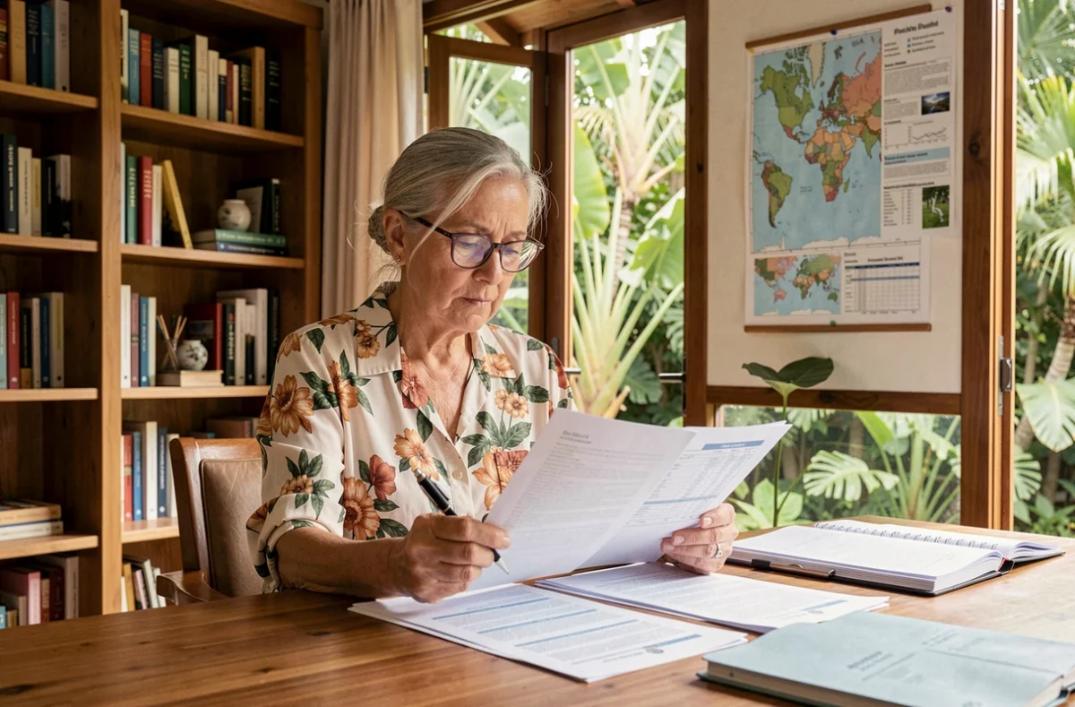 Femme retraitée lisant des documents fiscaux dans son bureau à domicile avec vue sur un jardin tropical