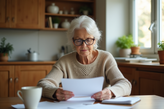 Femme retraitée lisant des documents dans sa cuisine ensoleillee