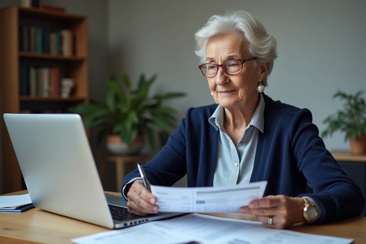 Retraitée consultant un portail fiscal en ligne pour comprendre la baisse de sa pension