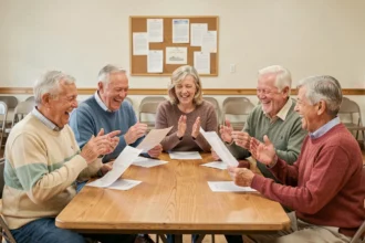 Groupe de retraités joyeux chantant ensemble autour d'une table avec des paroles de chansons humoristiques