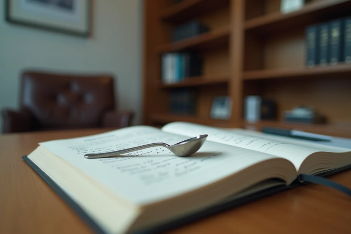 Bureau de thérapeute avec une petite cuillère posée près d'un carnet de notes, symbolisant le lien entre objet anodin et blessures psychologiques