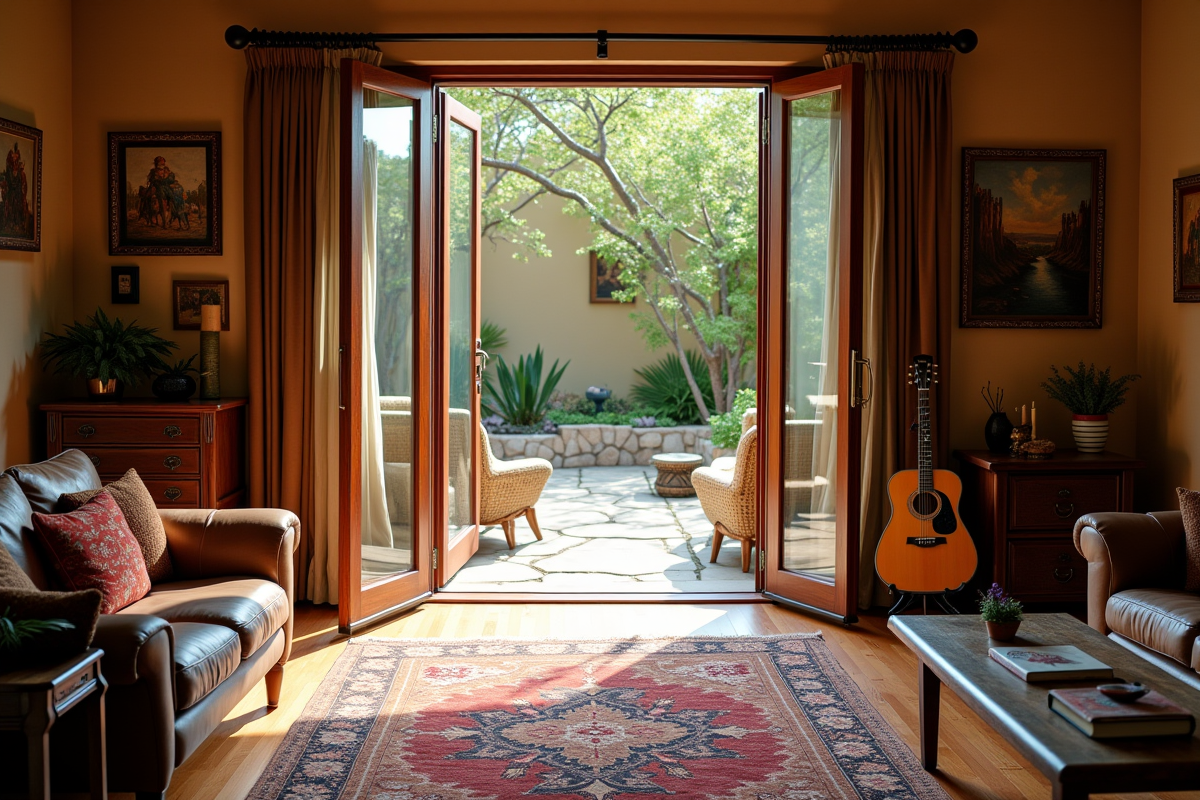 Salon accueillant avec objets de voyage et ambiance chaleureuse