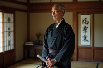 Homme japonais en kimono traditionnel dans une pièce tatami