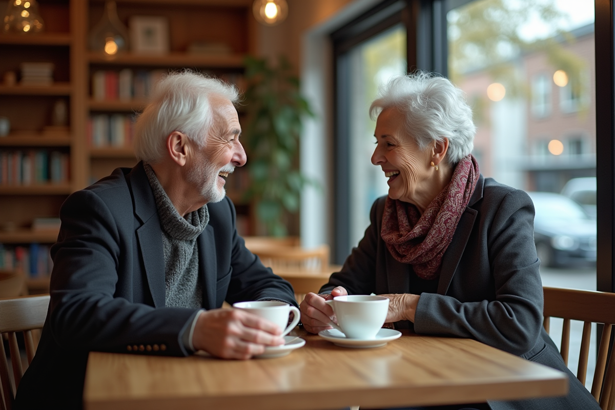 Une femme et un homme âgés discutant dans un café chaleureux