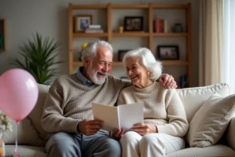 Couple de seniors riant avec carte d anniversaire