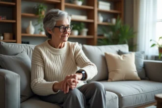 Femme senior vérifiant sa montre de détection chute dans un salon