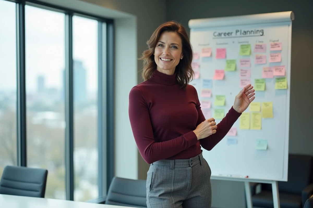 Senior femme active présentant un plan de reconversion professionnelle lors d'une réunion en entreprise