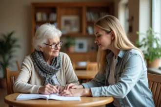 Femme âgée avec sa fille dans une salle d'ehpad
