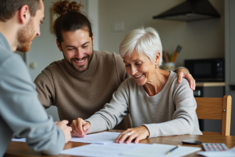 Femme senior souriante lisant des papiers à la maison