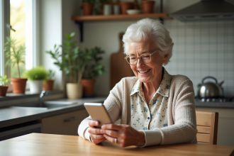 Femme senior souriante utilisant un téléphone moderne à la maison