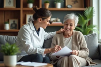 Femme senior souriante aidée par une professionnelle dans un salon chaleureux