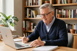 Senior retraité travaillant sur un ordinateur portable depuis son bureau à domicile pour compléter sa retraite