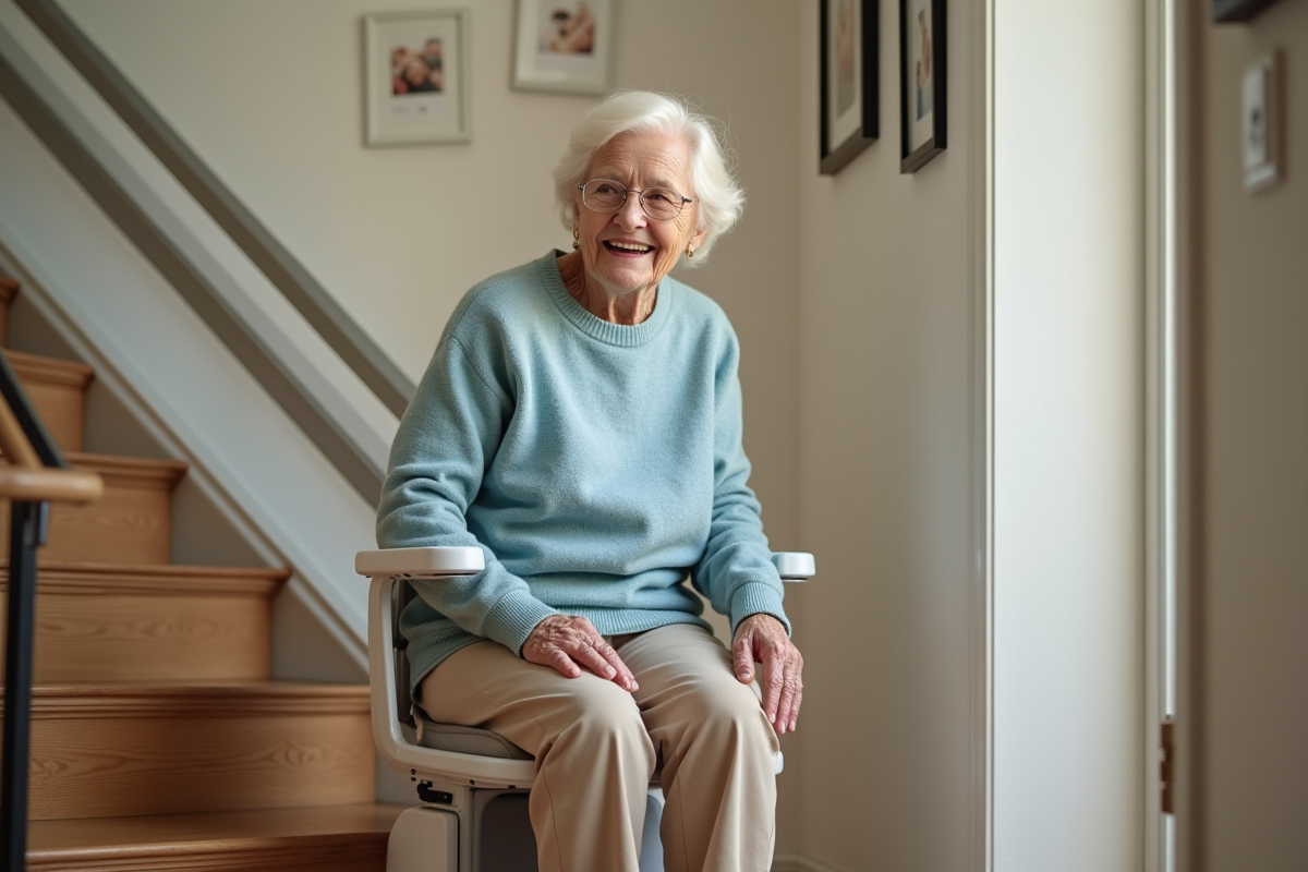 Femme âgée assise sur un monte-escalier moderne dans un intérieur chaleureux
