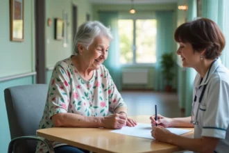 Femme âgée avec infirmière dans un centre belge