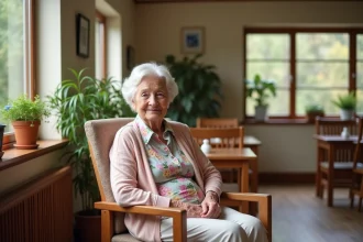 Seniorelle souriante dans un salon d'ephad chaleureuse