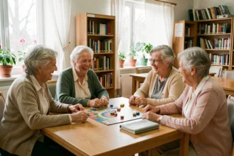 Groupe de femmes seniors jouant à un jeu de société dans un club pour personnes âgées, ambiance chaleureuse et conviviale