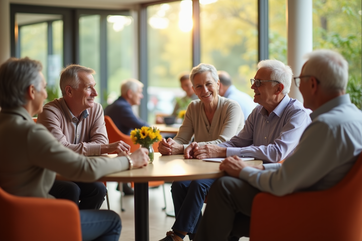 Groupe de seniors discutant dans un centre communautaire lumineux