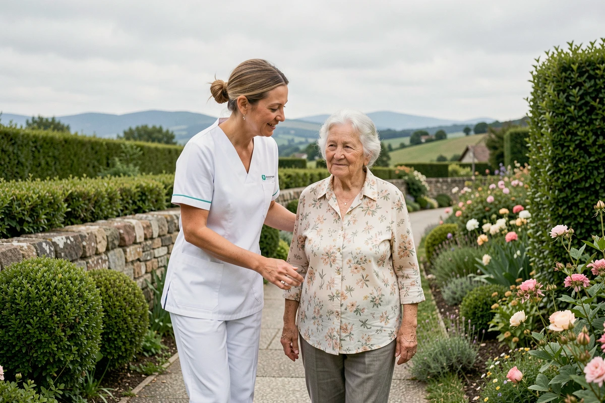 Une soignante accompagnant une résidente âgée lors d'une promenade dans le jardin d'un EHPAD à Ibos