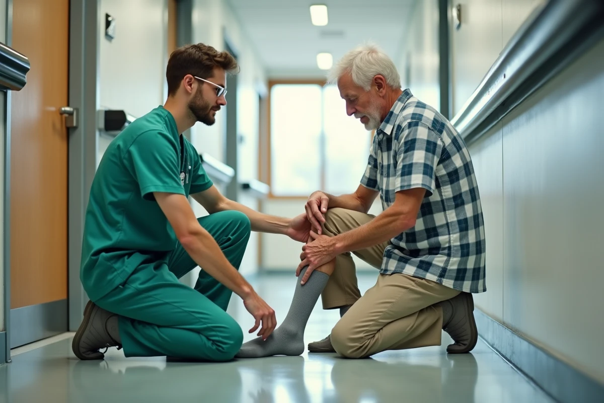 Infirmier aidant un homme à enfiler des chaussettes dans un couloir moderne