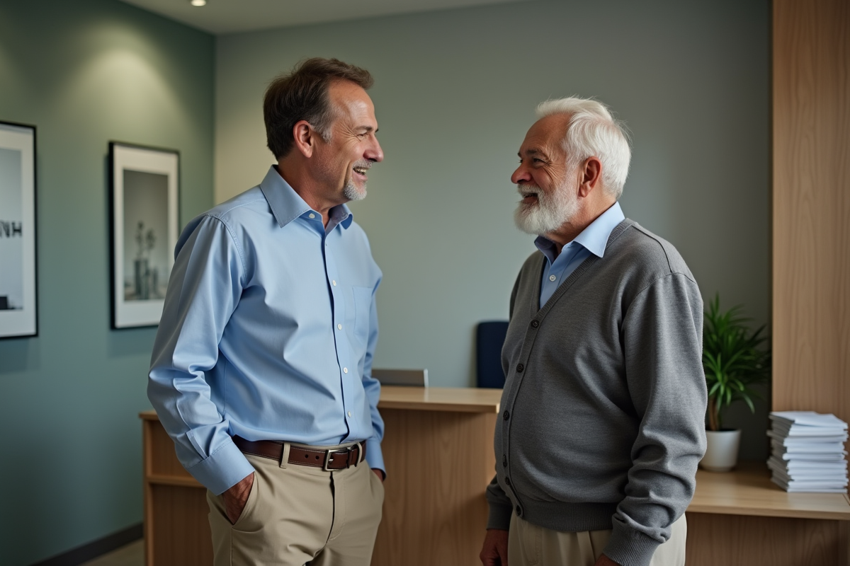 Fils et père discutant avec un conseiller bancaire