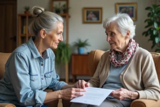 Femme âgée avec aidante dans un salon chaleureux