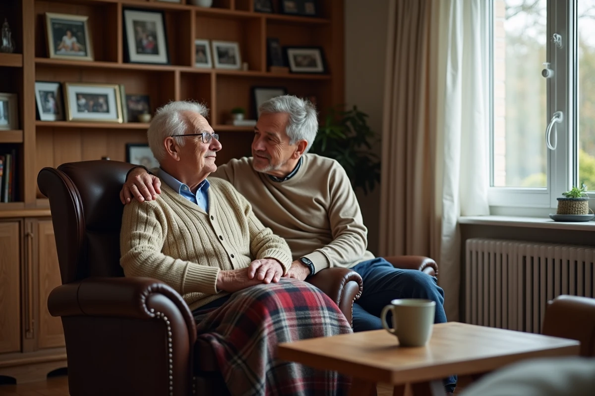 Fils adulte accompagnant son père âgé à domicile dans un moment de présence et de soutien familial