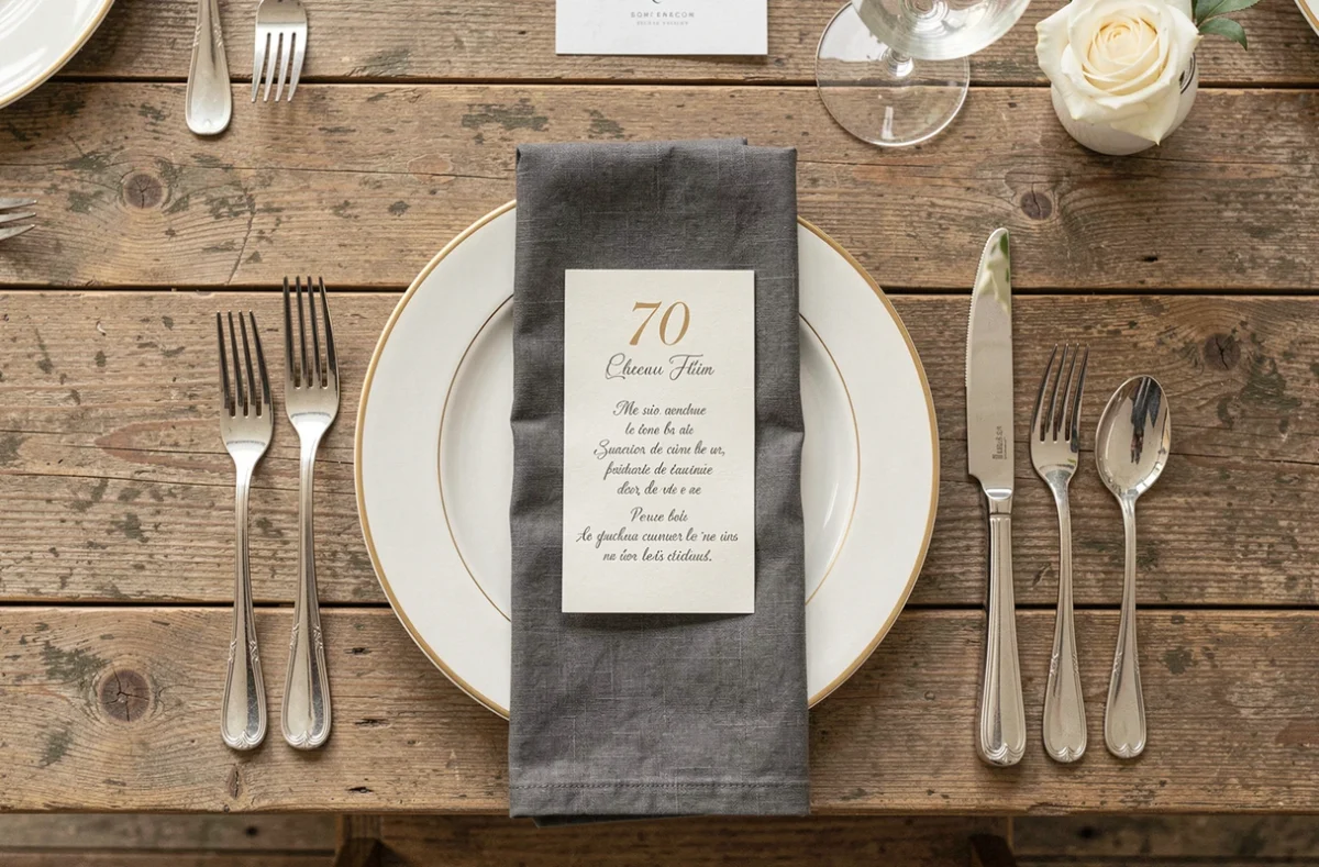 Vue aérienne d'une table dressée avec élégance pour un menu d'anniversaire 70 ans avec vaisselle fine, argenterie et carte de menu manuscrite
