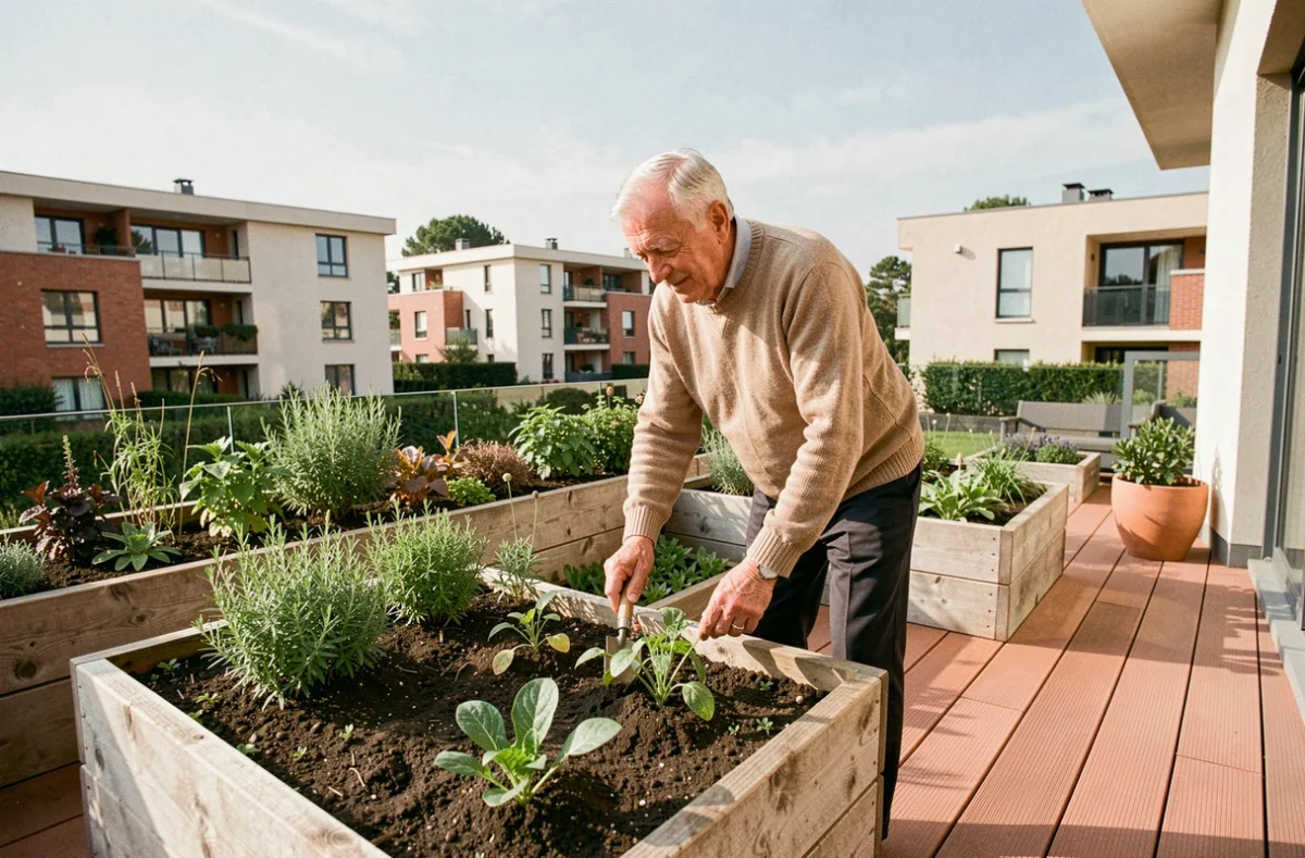 Senior jardinant sur la terrasse des Terrasses d'Adélie, résidence seniors au nord de Toulouse