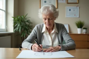 Femme âgée dessinant une horloge sur papier lors d'un test cognitif en cabinet médical