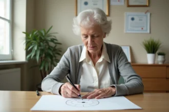 Femme âgée dessinant une horloge sur papier lors d'un test cognitif en cabinet médical