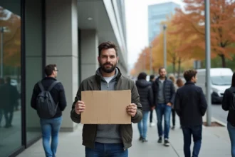 Travailleur non syndiqué tenant une pancarte devant un immeuble de bureaux lors d'un mouvement de grève
