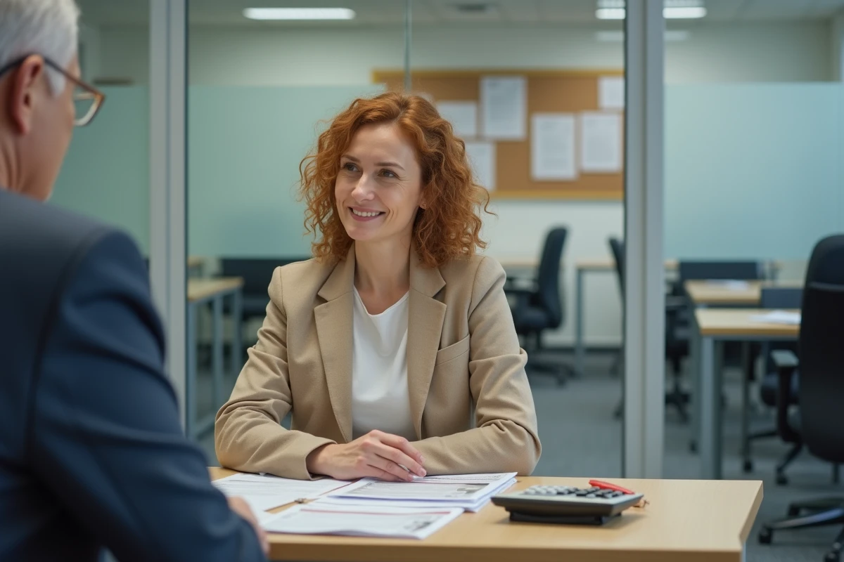 Travailleuse sociale expliquant le nouveau montant de l'AAH 2026 à un usager dans un bureau administratif