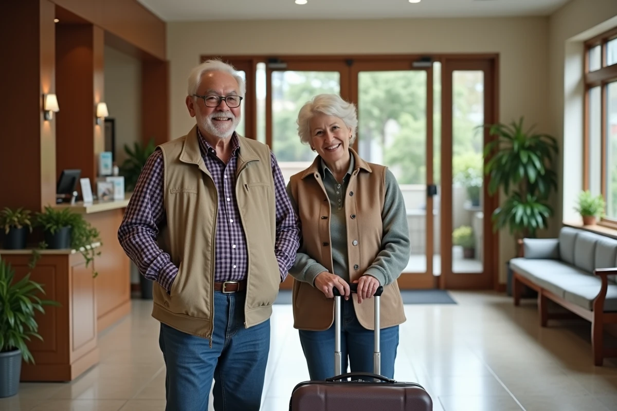 Homme age accueilli par sa fille dans un hall accueillant